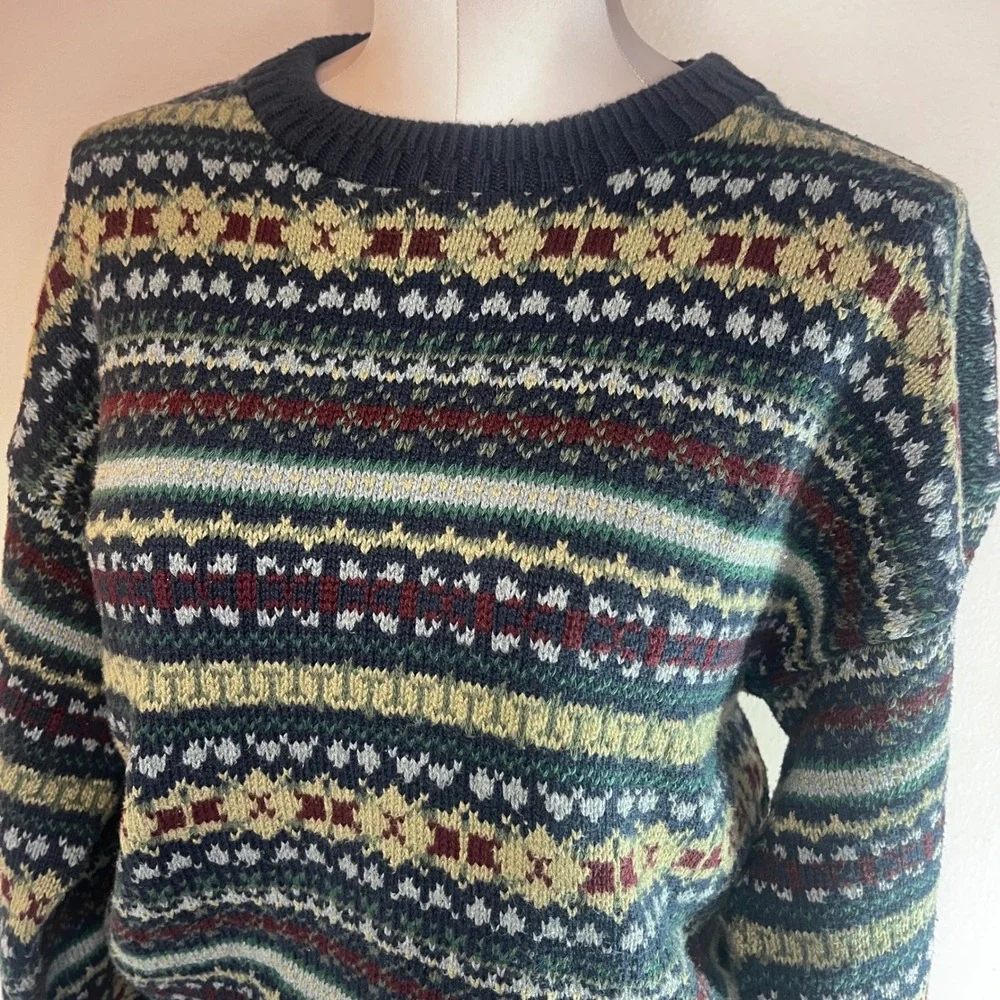 Vintage 90s Adult Large Fair Isle Cotton‎ Sweater Made in USA Navy Green Preppy
